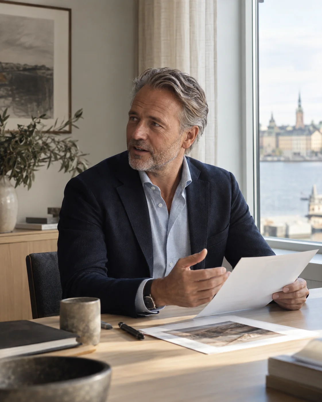 En erfaren ledare diskuterar ett strategiunderlag i en nordisk kontorsmiljö.
